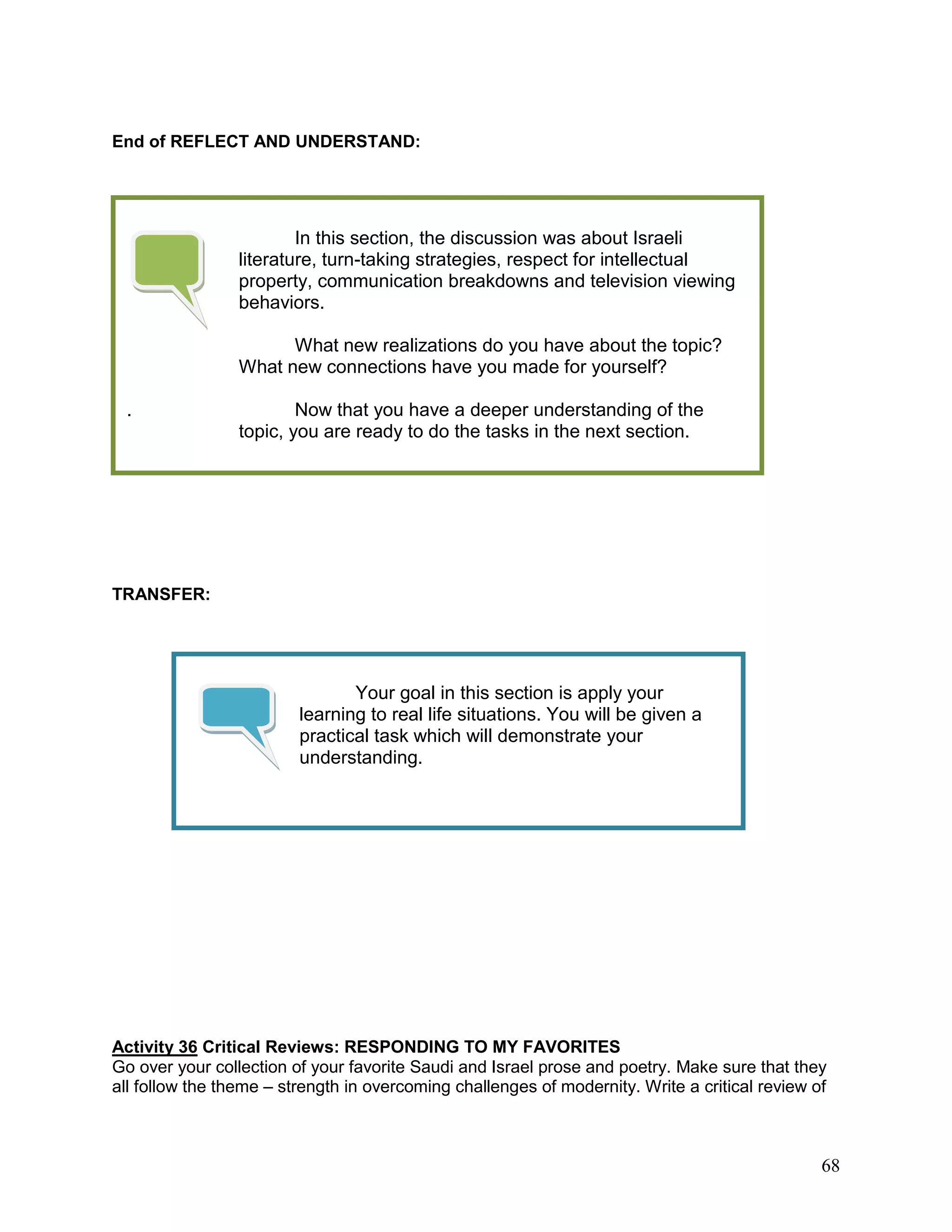 68
End of REFLECT AND UNDERSTAND:
TRANSFER:
Activity 36 Critical Reviews: RESPONDING TO MY FAVORITES
Go over your collection of your favorite Saudi and Israel prose and poetry. Make sure that they
all follow the theme – strength in overcoming challenges of modernity. Write a critical review of
In this section, the discussion was about Israeli
literature, turn-taking strategies, respect for intellectual
property, communication breakdowns and television viewing
behaviors.
What new realizations do you have about the topic?
What new connections have you made for yourself?
. Now that you have a deeper understanding of the
topic, you are ready to do the tasks in the next section.
Your goal in this section is apply your
learning to real life situations. You will be given a
practical task which will demonstrate your
understanding.
 