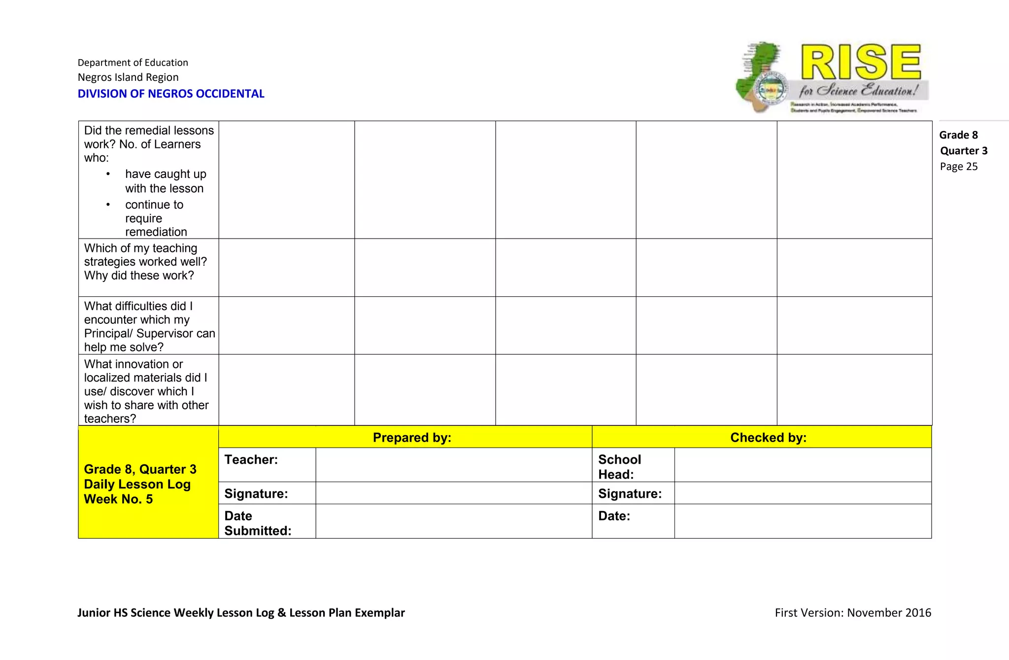 Department of Education
Negros Island Region
DIVISION OF NEGROS OCCIDENTAL
Grade 8
Junior HS Science Weekly Lesson Log & Lesson Plan Exemplar First Version: November 2016
Quarter 3
Page 25
Grade 8, Quarter 3
Daily Lesson Log
Week No. 5
Prepared by: Checked by:
Teacher: School
Head:
Signature: Signature:
Date
Submitted:
Date:
Did the remedial lessons
work? No. of Learners
who:
• have caught up
with the lesson
• continue to
require
remediation
Which of my teaching
strategies worked well?
Why did these work?
What difficulties did I
encounter which my
Principal/ Supervisor can
help me solve?
What innovation or
localized materials did I
use/ discover which I
wish to share with other
teachers?
 