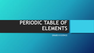 PERIODIC TABLE OF
ELEMENTS
GRADE 8 SCIENCE
 