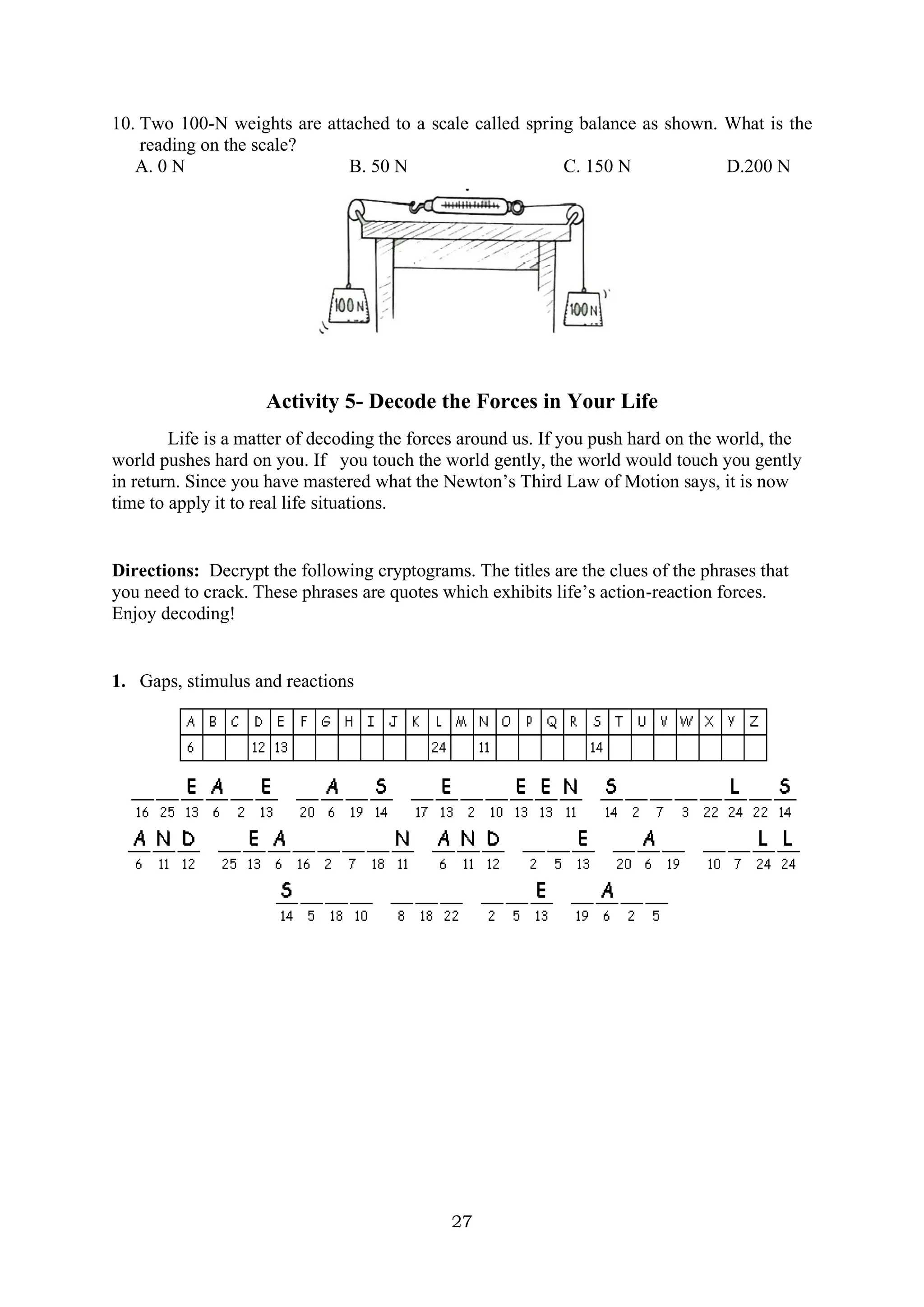 27
10. Two 100-N weights are attached to a scale called spring balance as shown. What is the
reading on the scale?
A. 0 N B. 50 N C. 150 N D.200 N
Activity 5- Decode the Forces in Your Life
Life is a matter of decoding the forces around us. If you push hard on the world, the
world pushes hard on you. If you touch the world gently, the world would touch you gently
in return. Since you have mastered what the Newton’s Third Law of Motion says, it is now
time to apply it to real life situations.
Directions: Decrypt the following cryptograms. The titles are the clues of the phrases that
you need to crack. These phrases are quotes which exhibits life’s action-reaction forces.
Enjoy decoding!
1. Gaps, stimulus and reactions
 