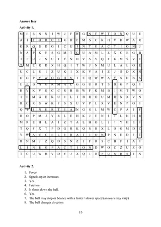 15
Answer Key
Activity 1.
M E R N N I W J F W G N E W T O N Q U E
A I F O R C E K H E M S C K H V D W A R
G R O S D G I C U I N T E A C T I O N J
N A P K F S G M T G U A M L Z X C E G B
I F U J N U T Y N H V S Y Q F K M S V T
T M L R D X H Q I T W J N M U L A L O E
U C L S I Z U K I X K V A I Z J S D X N
D G P Y W O G H V T E Q W W A Y S H N S
E F B N O R M A L G G U R T S D G P Q I
H V K V G C C R B B W F K M B I M T W O
I E M G E K U I L I B R O U M R N X V N
R C R S W K F S X U V P L X V E N P O I
Q T I N E R T I A N G S L M W C P A J F
B O P M J Y R L E H K J E N I T L H H R
M R E H L A I Z T A L H O L J I Y H E I
T Q F X T P D G R K Q S B X L O G M D C
Y W A C C E L E R A T I O N P N E D F T
R N M J Z Q D S N Z J F R S C B F I A I
L I N E O F A C T I O N D W O C Z U Z O
T C U W H V D Y J X Q I B P U S H S J N
Activity 2.
1. Force
2. Speeds up or increases
3. Yes
4. Friction
5. It slows down the ball.
6. Yes
7. The ball may stop or bounce with a faster / slower speed (answers may vary)
8. The ball changes direction
 