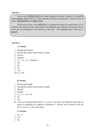 16
Activity 3.
Force is any INTERACTION that causes change in an object’s motion. It is caused by
either PUSHor PULL Force is a vector quantity with three characteristics. These are line of
action, MAGNITUDE and DIRECTION.
The SI unit of force is the NEWTON. It is denoted in symbol by capital letter N. It is
defined as the amount of force that causes a one-kilogram mass object an acceleration of one
meter per second squared in the direction of the force. The expanded form of this unit is
kg▪m/s2
.
Activity 4.
A. Tension
1. Weight and Tension
2. Upward for tension, downward for weight
3. Positive
4. Negative
5. F net = F1 + F2= 0 Newton
6. No
7. No
8. No
9. Yes
10. Fnet= 0 N
B. Normal
1. Normal and Weight
2. Upward for normal, downward for weight
3. Normal
4. Weight
5. F net = F1 + F2= 0 N
6. No
7. Yes
8. Forces are balanced when their F net is zero. Two forces are balanced when they are
equal in magnitude but opposite in direction (* Teacher must emphasize that the
forces must act on the same object)
C. Friction
1. Fnet = 0
2. Yes
3. No
 