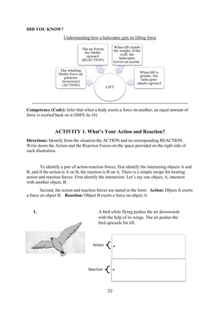 22
DID YOU KNOW?
Understanding how a helicopter gets its lifting force
Competency (Code): Infer that when a body exerts a force on another, an equal amount of
force is exerted back on it (S8FE-Ia-16)
ACTIVITY 1. What’s Your Action and Reaction?
Directions: Identify from the situation the ACTION and its corresponding REACTION.
Write down the Action and the Reaction Forces on the space provided on the right side of
each illustration.
To identify a pair of action-reaction forces, first identify the interacting objects A and
B, and if the action is A on B, the reaction is B on A. There is a simple recipe for treating
action and reaction forces: First identify the interaction. Let’s say one object, A, interacts
with another object, B.
Second, the action and reaction forces are stated in the form: Action: Object A exerts
a force on object B. Reaction: Object B exerts a force on object A.
1. A bird while flying pushes the air downwards
with the help of its wings. The air pushes the
bird upwards for lift.
 