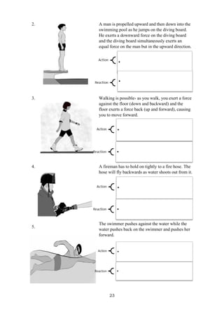 23
2. A man is propelled upward and then down into the
swimming pool as he jumps on the diving board.
He exerts a downward force on the diving board
and the diving board simultaneously exerts an
equal force on the man but in the upward direction.
3. Walking is possible- as you walk, you exert a force
against the floor (down and backward) and the
floor exerts a force back (up and forward), causing
you to move forward.
4.
5.
A fireman has to hold on tightly to a fire hose. The
hose will fly backwards as water shoots out from it.
The swimmer pushes against the water while the
water pushes back on the swimmer and pushes her
forward.
 