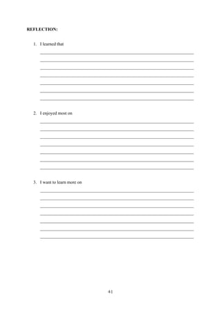 41
REFLECTION:
1. I learned that
_____________________________________________________________________
_____________________________________________________________________
_____________________________________________________________________
_____________________________________________________________________
_____________________________________________________________________
_____________________________________________________________________
_____________________________________________________________________
2. I enjoyed most on
_____________________________________________________________________
_____________________________________________________________________
_____________________________________________________________________
_____________________________________________________________________
_____________________________________________________________________
_____________________________________________________________________
_____________________________________________________________________
3. I want to learn more on
_____________________________________________________________________
_____________________________________________________________________
_____________________________________________________________________
_____________________________________________________________________
_____________________________________________________________________
_____________________________________________________________________
_____________________________________________________________________
 