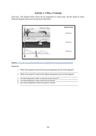 46
Activity 1. 3 Pics, 1 Concept
Directions: The diagram below shows the air temperature in some areas, and the speed of sound.
Study the diagram and answer the questions that follow.
Source: www.nde.ed.org/EducationResources/HighSchool/Sound/tempandspeed.html
Questions:
1. What is the speed of sound at the lowest temperature given in the diagram?
_________________________________________________________________
2. What is the speed of sound at the highest temperature given in the diagram?
_________________________________________________________________
3. At what temperature where sound travels the slowest? _____________________
4. At what temperature where sound travels fastest? _________________________
5. How does temperature affect the speed of sound?
_________________________________________________________________
 