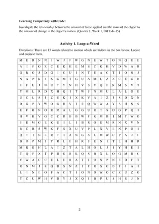 2
Learning Competency with Code:
Investigate the relationship between the amount of force applied and the mass of the object to
the amount of change in the object’s motion. (Quarter 1, Week 1, S8FE-Ia-15)
Activity 1. Loop-a-Word
Directions: There are 15 words related to motion which are hidden in the box below. Locate
and encircle them.
M E R N N I W J F W G N E W T O N Q U E
A I F O R C E K H E M S C K H V D W A R
G R O S D G I C U I N T E A C T I O N J
N A P K F S G M T G U A M L Z X C E G B
I F U J N U T Y N H V S Y Q F K M S V T
T M L R D X H Q I T W J N M U L A L O E
U C L S I Z U K I X K V A I Z J S D X N
D G P Y W O G H V T E Q W W A Y S H N S
E F B N O R M A L G G U R T S D G P Q I
H V K V G C C R B B W F K M B I M T W O
I E M G E K U I L I B R O U M R N X V N
R C R S W K F S X U V P L X V E N P O I
Q T I N E R T I A N G S L M W C P A J F
B O P M J Y R L E H K J E N I T L H H R
M R E H L A I Z T A L H O L J I Y H E I
T Q F X T P D G R K Q S B X L O G M D C
Y W A C C E L E R A T I O N P N E D F T
R N M J Z Q D S N Z J F R S C B F I A I
L I N E O F A C T I O N D W O C Z U Z O
T C U W H V D Y J X Q I B P U S H S J N
 