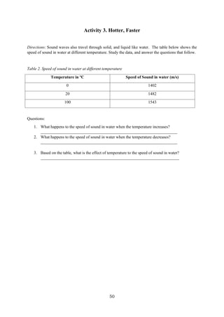 50
Activity 3. Hotter, Faster
Directions: Sound waves also travel through solid, and liquid like water. The table below shows the
speed of sound in water at different temperature. Study the data, and answer the questions that follow.
Table 2. Speed of sound in water at different temperature
Temperature in ºC Speed of Sound in water (m/s)
0 1402
20 1482
100 1543
Questions:
1. What happens to the speed of sound in water when the temperature increases?
__________________________________________________________________
2. What happens to the speed of sound in water when the temperature decreases?
__________________________________________________________________
3. Based on the table, what is the effect of temperature to the speed of sound in water?
___________________________________________________________________
 