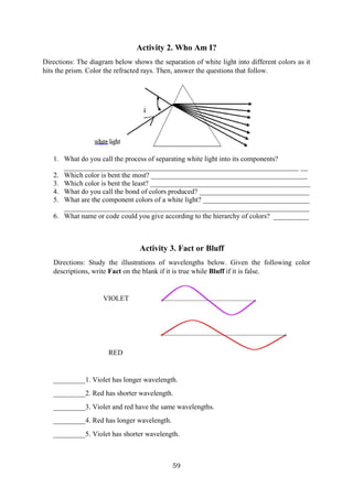 59
Activity 2. Who Am I?
Directions: The diagram below shows the separation of white light into different colors as it
hits the prism. Color the refracted rays. Then, answer the questions that follow.
1. What do you call the process of separating white light into its components?
__________________________________________________________________ __
2. Which color is bent the most? ____________________________________________
3. Which color is bent the least? _____________________________________________
4. What do you call the bond of colors produced? _______________________________
5. What are the component colors of a white light? ______________________________
_____________________________________________________________________
6. What name or code could you give according to the hierarchy of colors? __________
Activity 3. Fact or Bluff
Directions: Study the illustrations of wavelengths below. Given the following color
descriptions, write Fact on the blank if it is true while Bluff if it is false.
VIOLET
RED
_________1. Violet has longer wavelength.
_________2. Red has shorter wavelength.
_________3. Violet and red have the same wavelengths.
_________4. Red has longer wavelength.
_________5. Violet has shorter wavelength.
 