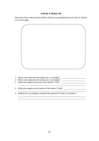 60
Activity 4. Relate Me
Directions: Draw and color the rainbow with the corresponding bond of colors in relation
to its wavelength.
1. Which color represents the longest arc/ wavelength? ________________________
2. Which color represents the shortest arc/ wavelength? ________________________
3. What color appears at the top of the rainbow? Why? ________________________
___________________________________________________________________
4. What color appears at the bottom of the rainbow? Why? ______________________
____________________________________________________________________
5. Explain how wavelength is related in the position of colors in a rainbow?
____________________________________________________________________
____________________________________________________________________
 