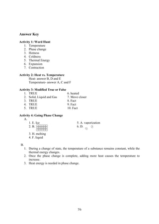 76
Answer Key
Activity 1: Word Hunt
1. Temperature
2. Phase change
3. Hotness
4. Coldness
5. Thermal Energy
6. Expansion
7. Contraction
Activity 2: Heat vs. Temperature
Heat- answer B, D and E
Temperature- answer A, C and F
Activity 3: Modified True or False
1. TRUE 6. heated
2. Solid, Liquid and Gas 7. Move closer
3. TRUE 8. Fact
4. TRUE 9. Fact
5. TRUE 10. Fact
Activity 4: Going Phase Change
A.
1. E. Ice 5. A. vaporization
2. B. 6. D.
3. H. melting
4. F. liquid
B.
1. During a change of state, the temperature of a substance remains constant, while the
thermal energy changes.
2. Once the phase change is complete, adding more heat causes the temperature to
increase.
3. Heat energy is needed in phase change.
 