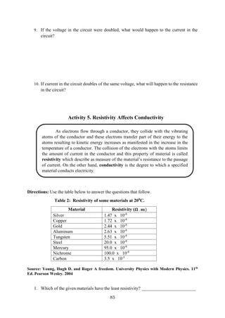 85
9. If the voltage in the circuit were doubled, what would happen to the current in the
circuit?
10. If current in the circuit doubles of the same voltage, what will happen to the resistance
in the circuit?
Activity 5. Resistivity Affects Conductivity
Directions: Use the table below to answer the questions that follow.
Table 2: Resistivity of some materials at 200
C.
Material Resistivity (
Silver 1.47 x 10-8
Copper 1.72 x 10-8
Gold 2.44 x 10-8
Aluminum 2.63 x 10-8
Tungsten 5.51 x 10-8
Steel 20.0 x 10-8
Mercury 95.0 x 10-8
Nichrome 100.0 x 10-8
Carbon 3.5 x 10-5
Source: Young, Hugh D. and Roger A freedom. University Physics with Modern Physics. 11th
Ed. Pearson Wesley. 2004
1. Which of the given materials have the least resistivity? ________________________
As electrons flow through a conductor, they collide with the vibrating
atoms of the conductor and these electrons transfer part of their energy to the
atoms resulting to kinetic energy increases as manifested in the increase in the
temperature of a conductor. The collision of the electrons with the atoms limits
the amount of current in the conductor and this property of material is called
resistivity which describe as measure of the material’s resistance to the passage
of current. On the other hand, conductivity is the degree to which a specified
material conducts electricity.
 