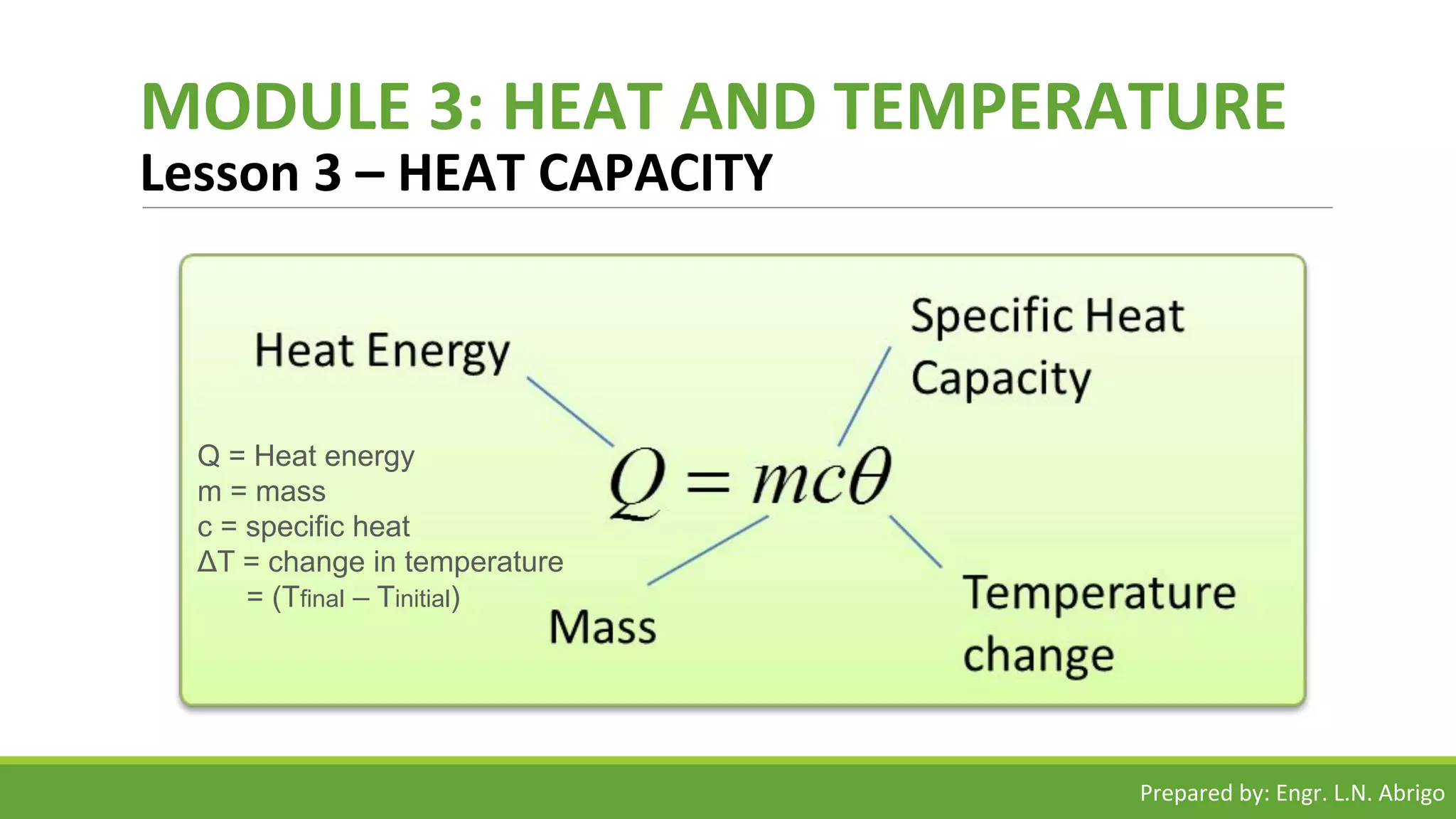 MODULE 3: HEAT AND TEMPERATURE
Lesson 3 – HEAT CAPACITY
Q = Heat energy
m = mass
c = specific heat
ΔT = change in temperature
= (Tfinal – Tinitial)
Prepared by: Engr. L.N. Abrigo
 