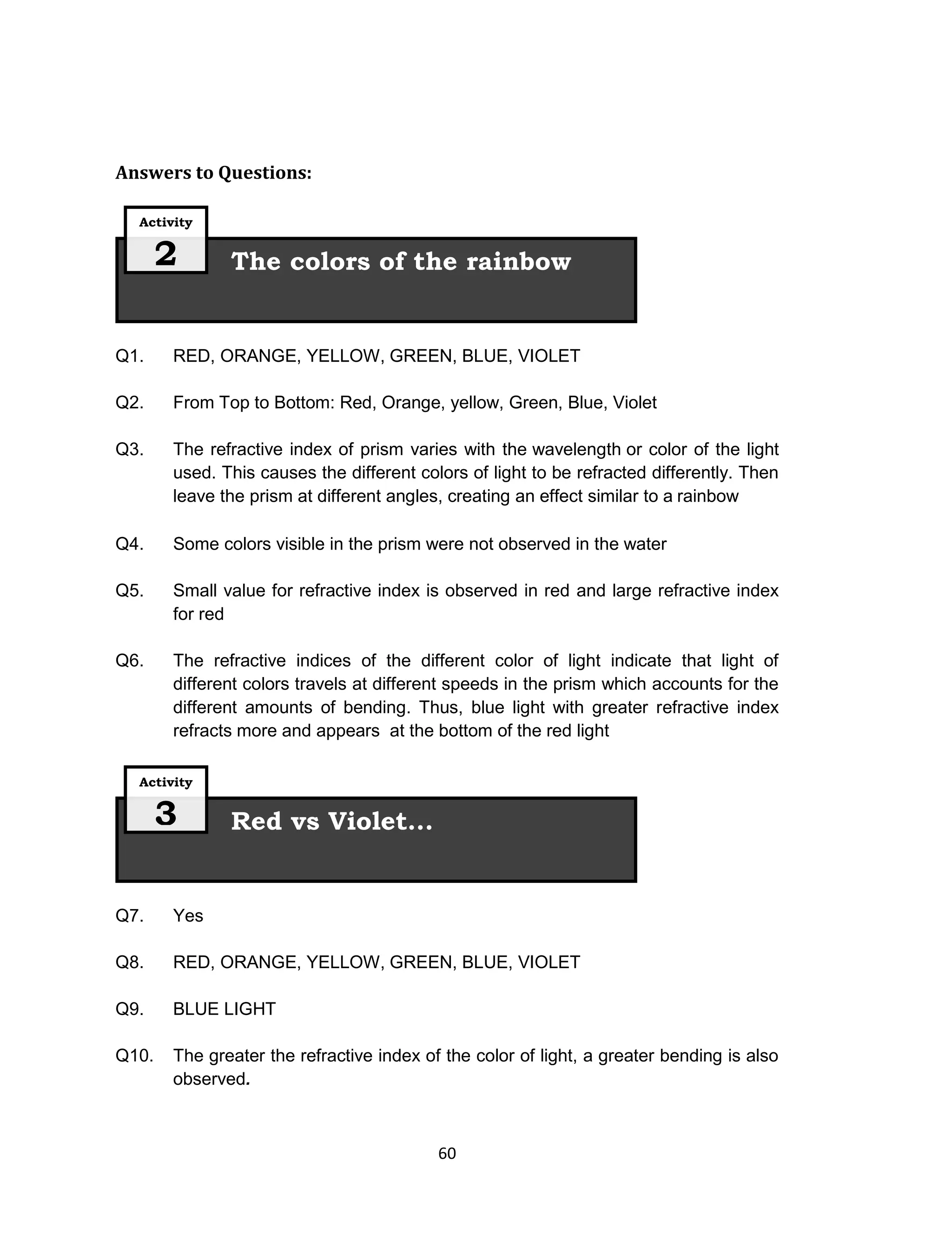 60
Answers to Questions:
Q1. RED, ORANGE, YELLOW, GREEN, BLUE, VIOLET
Q2. From Top to Bottom: Red, Orange, yellow, Green, Blue, Violet
Q3. The refractive index of prism varies with the wavelength or color of the light
used. This causes the different colors of light to be refracted differently. Then
leave the prism at different angles, creating an effect similar to a rainbow
Q4. Some colors visible in the prism were not observed in the water
Q5. Small value for refractive index is observed in red and large refractive index
for red
Q6. The refractive indices of the different color of light indicate that light of
different colors travels at different speeds in the prism which accounts for the
different amounts of bending. Thus, blue light with greater refractive index
refracts more and appears at the bottom of the red light
Q7. Yes
Q8. RED, ORANGE, YELLOW, GREEN, BLUE, VIOLET
Q9. BLUE LIGHT
Q10. The greater the refractive index of the color of light, a greater bending is also
observed.
Red vs Violet...
Activity
3
The colors of the rainbow
Activity
2
 