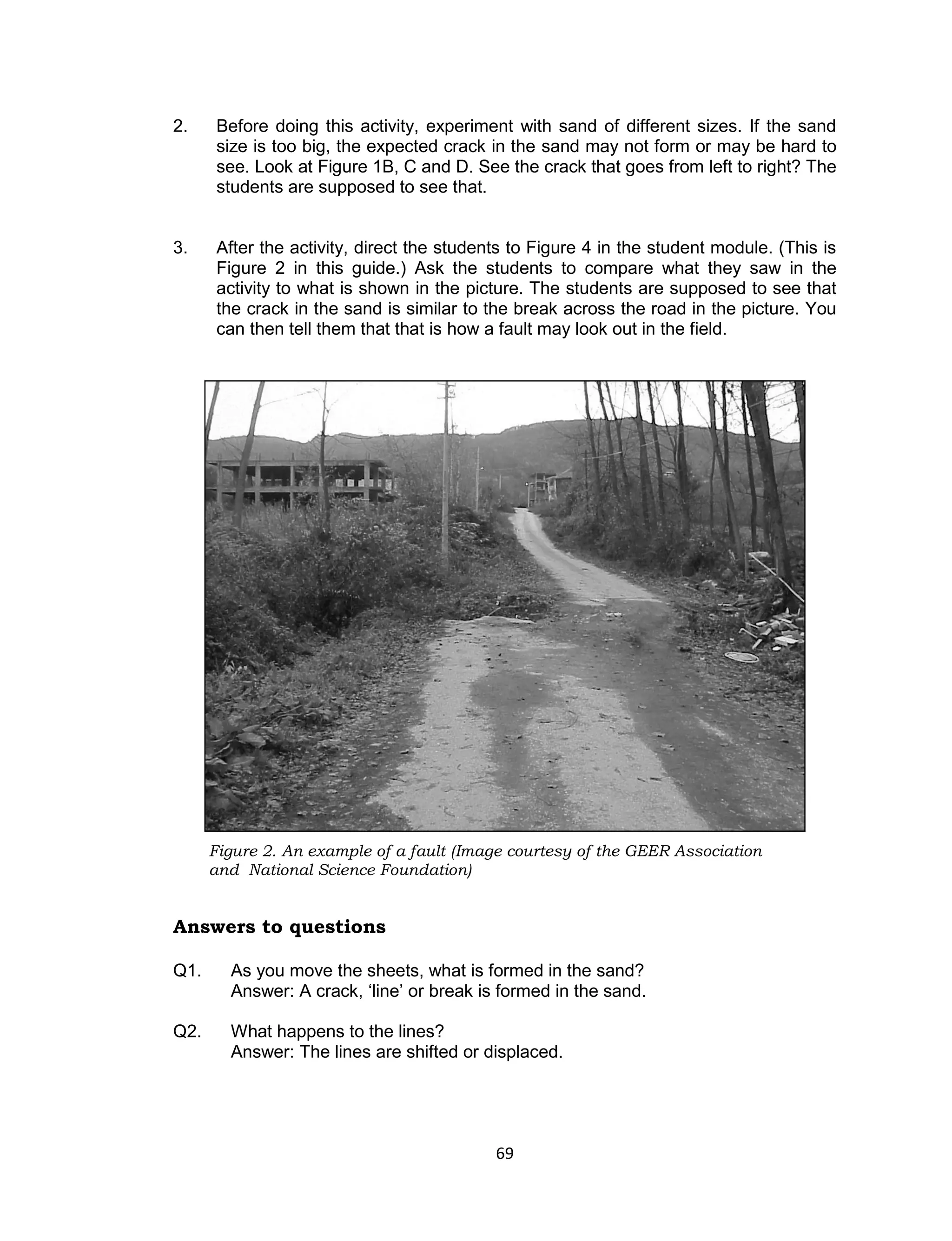 69
2. Before doing this activity, experiment with sand of different sizes. If the sand
size is too big, the expected crack in the sand may not form or may be hard to
see. Look at Figure 1B, C and D. See the crack that goes from left to right? The
students are supposed to see that.
3. After the activity, direct the students to Figure 4 in the student module. (This is
Figure 2 in this guide.) Ask the students to compare what they saw in the
activity to what is shown in the picture. The students are supposed to see that
the crack in the sand is similar to the break across the road in the picture. You
can then tell them that that is how a fault may look out in the field.
Answers to questions
Q1. As you move the sheets, what is formed in the sand?
Answer: A crack, ‘line’ or break is formed in the sand.
Q2. What happens to the lines?
Answer: The lines are shifted or displaced.
Figure 2. An example of a fault (Image courtesy of the GEER Association
and National Science Foundation)
 