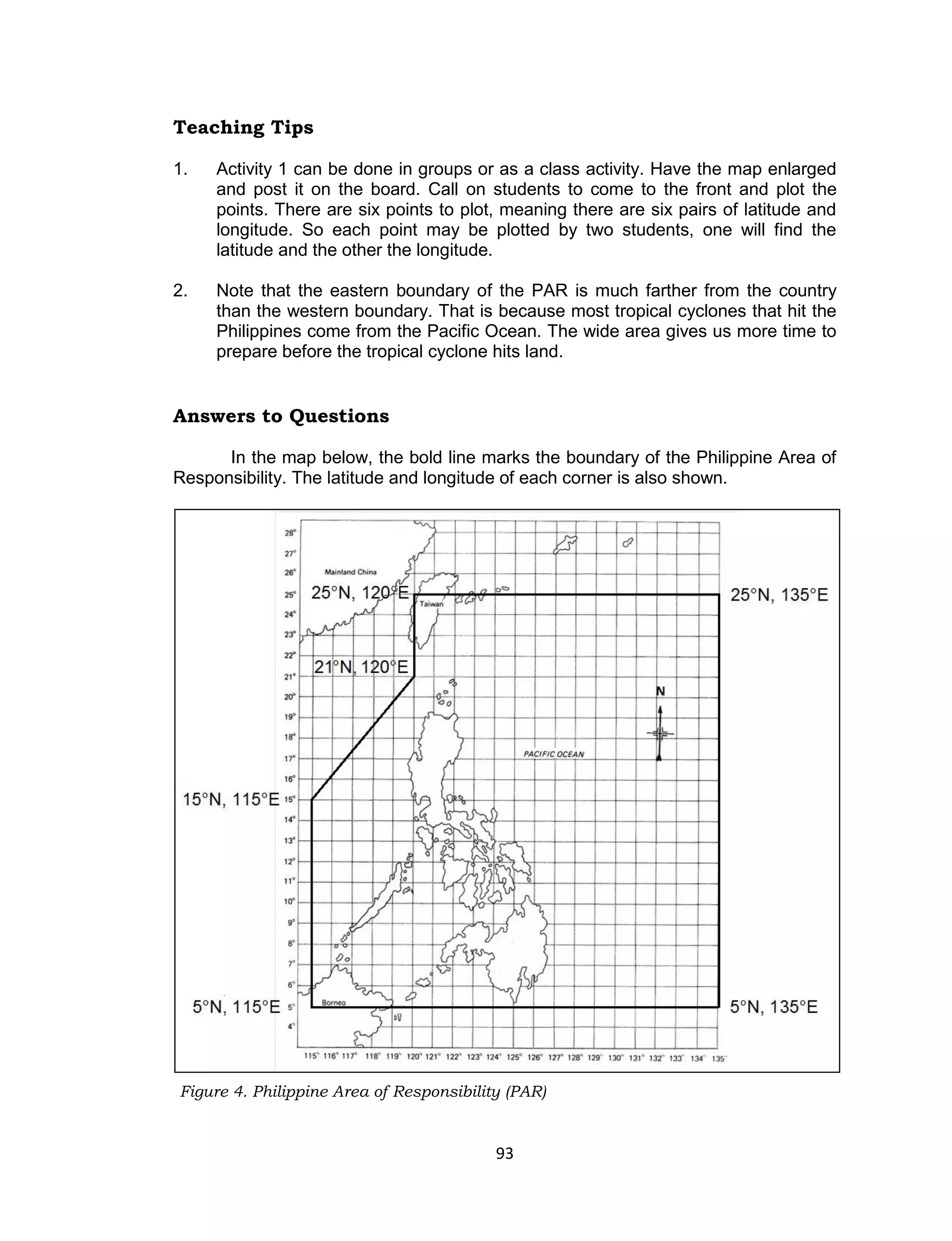 93
Figure 4. Philippine Area of Responsibility (PAR)
Teaching Tips
1. Activity 1 can be done in groups or as a class activity. Have the map enlarged
and post it on the board. Call on students to come to the front and plot the
points. There are six points to plot, meaning there are six pairs of latitude and
longitude. So each point may be plotted by two students, one will find the
latitude and the other the longitude.
2. Note that the eastern boundary of the PAR is much farther from the country
than the western boundary. That is because most tropical cyclones that hit the
Philippines come from the Pacific Ocean. The wide area gives us more time to
prepare before the tropical cyclone hits land.
Answers to Questions
In the map below, the bold line marks the boundary of the Philippine Area of
Responsibility. The latitude and longitude of each corner is also shown.
 