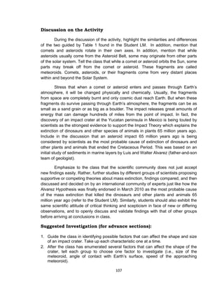 107
Discussion on the Activity
During the discussion of the activity, highlight the similarities and differences
of the two guided by Table 1 found in the Student LM. In addition, mention that
comets and asteroids rotate in their own axes. In addition, mention that while
asteroids usually come from the Asteroid Belt, some may originate from other parts
of the solar system. Tell the class that while a comet or asteroid orbits the Sun, some
parts may break off from the comet or asteroid. These fragments are called
meteoroids. Comets, asteroids, or their fragments come from very distant places
within and beyond the Solar System.
Stress that when a comet or asteroid enters and passes through Earth’s
atmosphere, it will be changed physically and chemically. Usually, the fragments
from space are completely burnt and only cosmic dust reach Earth. But when these
fragments do survive passing through Earth’s atmosphere, the fragments can be as
small as a sand grain or as big as a boulder. The impact releases great amounts of
energy that can damage hundreds of miles from the point of impact. In fact, the
discovery of an impact crater at the Yucatan peninsula in Mexico is being touted by
scientists as the strongest evidence to support the Impact Theory which explains the
extinction of dinosaurs and other species of animals in plants 65 million years ago.
Include in the discussion that an asteroid impact 65 million years ago is being
considered by scientists as the most probable cause of extinction of dinosaurs and
other plants and animals that ended the Cretaceous Period. This was based on an
initial study of sediments in marine layers by Luis and Walter Alvarez (father-and-son
team of geologist).
Emphasize to the class that the scientific community does not just accept
new findings easily. Rather, further studies by different groups of scientists proposing
supportive or competing theories about mass extinction, findings compared, and then
discussed and decided on by an international community of experts just like how the
Alvarez Hypothesis was finally endorsed in March 2010 as the most probable cause
of the mass extinction that killed the dinosaurs and other plants and animals 65
million year ago (refer to the Student LM). Similarly, students should also exhibit the
same scientific attitude of critical thinking and scepticism in face of new or differing
observations, and to openly discuss and validate findings with that of other groups
before arriving at conclusions in class.
Suggested Investigation (for advance sections):
1. Guide the class in identifying possible factors that can affect the shape and size
of an impact crater. Take up each characteristic one at a time.
2. After the class has enumerated several factors that can affect the shape of the
crater, tell each group to choose one factor to investigate (i.e., size of the
meteoroid, angle of contact with Earth’s surface, speed of the approaching
meteoroid).
 