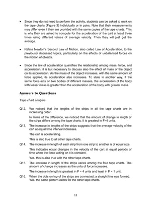 12
 Since they do not need to perform the activity, students can be asked to work on
the tape charts (Figure 3) individually or in pairs. Note that their measurements
may differ even if they are provided with the same copies of the tape charts. This
is why they are asked to compute for the acceleration of the cart at least three
times using different values of average velocity. Then they will just get the
average.
 Relate Newton’s Second Law of Motion, also called Law of Acceleration, to the
previously discussed topics, particularly on the effects of unbalanced forces on
the motion of objects.
 Since the law of acceleration quantifies the relationship among mass, force, and
acceleration, it is but necessary to discuss also the effect of mass of the object
on its acceleration. As the mass of the object increases, with the same amount of
force applied, its acceleration also increases. To state in another way, if the
same force acts on two bodies of different masses, the acceleration of the body
with lesser mass is greater than the acceleration of the body with greater mass.
Answers to Questions
Tape chart analysis
Q12. We noticed that the lengths of the strips in all the tape charts are in
increasing order.
In terms of the difference, we noticed that the amount of change in length of
the strips differs among the tape charts. It is greatest in F=4 units.
Q13. The increase in lengths of the strips suggests that the average velocity of the
cart at equal time interval increases.
The cart is accelerating.
This is also true to all other tape charts.
Q14. The increase in length of each strip from one strip to another is of equal size.
This indicates equal changes in the velocity of the cart at equal periods of
time when the force acting on it is constant.
Yes, this is also true with the other tape charts.
Q15. The increase in length of the strips varies among the four tape charts. The
amount of change increases as the units of force increases.
The increase in length is greatest in F = 4 units and least in F = 1 unit.
Q16. When the dots on top of the strips are connected, a straight line was formed.
Yes, the same pattern exists for the other tape charts.
 