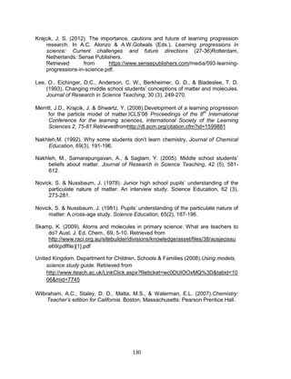 130
Krajcik, J. S. (2012). The importance, cautions and future of learning progression
research. In A.C. Alonzo & A.W.Gotwals (Eds.), Learning progressions in
science: Current challenges and future directions (27-36)Rotterdam,
Netherlands: Sense Publishers.
Retrieved from https://www.sensepublishers.com/media/593-learning-
progressions-in-science.pdf.
Lee, O., Eichinger, D.C., Anderson, C. W., Berkheimer, G. D., & Bladeslee, T. D.
(1993). Changing middle school students’ conceptions of matter and molecules.
Journal of Research in Science Teaching, 30 (3), 249-270.
Merritt, J.D., Krajcik, J. & Shwartz, Y. (2008).Development of a learning progression
for the particle model of matter.ICLS’08 Proceedings of the 8th
International
Conference for the learning sciences, International Society of the Learning
Sciences 2, 75-81.Retrievedfromhttp://dl.acm.org/citation.cfm?id=1599881
Nakhleh,M. (1992). Why some students don’t learn chemistry, Journal of Chemical
Education, 69(3), 191-196.
Nakhleh, M., Samarapungavan, A., & Saglam, Y. (2005). Middle school students’
beliefs about matter. Journal of Research in Science Teaching, 42 (5), 581-
612.
Novick, S. & Nussbaum, J. (1978). Junior high school pupils’ understanding of the
particulate nature of matter: An interview study. Science Education, 62 (3),
273-281.
Novick, S. & Nussbaum, J. (1981). Pupils’ understanding of the particulate nature of
matter: A cross-age study. Science Education, 65(2), 187-196.
Skamp, K. (2009). Atoms and molecules in primary science: What are teachers to
do? Aust. J. Ed. Chem., 69, 5-10. Retrieved from
http://www.raci.org.au/sitebuilder/divisions/knowledge/asset/files/38/ausjecissu
e69(pdffile)[1].pdf
United Kingdom. Department for Children, Schools & Families (2008).Using models,
science study guide. Retrieved from
http://www.iteach.ac.uk/LinkClick.aspx?fileticket=wc0DUlOOxMQ%3D&tabid=10
06&mid=7745
Wilbraham, A.C., Staley, D. D., Matta, M.S., & Waterman, E.L. (2007).Chemistry:
Teacher’s edition for California. Boston, Massachusetts: Pearson Prentice Hall.
 