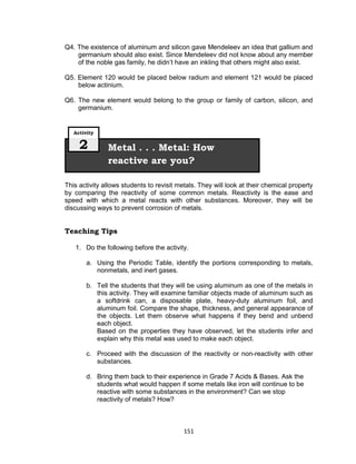 151
Q4. The existence of aluminum and silicon gave Mendeleev an idea that gallium and
germanium should also exist. Since Mendeleev did not know about any member
of the noble gas family, he didn’t have an inkling that others might also exist.
Q5. Element 120 would be placed below radium and element 121 would be placed
below actinium.
Q6. The new element would belong to the group or family of carbon, silicon, and
germanium.
This activity allows students to revisit metals. They will look at their chemical property
by comparing the reactivity of some common metals. Reactivity is the ease and
speed with which a metal reacts with other substances. Moreover, they will be
discussing ways to prevent corrosion of metals.
Teaching Tips
1. Do the following before the activity.
a. Using the Periodic Table, identify the portions corresponding to metals,
nonmetals, and inert gases.
b. Tell the students that they will be using aluminum as one of the metals in
this activity. They will examine familiar objects made of aluminum such as
a softdrink can, a disposable plate, heavy-duty aluminum foil, and
aluminum foil. Compare the shape, thickness, and general appearance of
the objects. Let them observe what happens if they bend and unbend
each object.
Based on the properties they have observed, let the students infer and
explain why this metal was used to make each object.
c. Proceed with the discussion of the reactivity or non-reactivity with other
substances.
d. Bring them back to their experience in Grade 7 Acids & Bases. Ask the
students what would happen if some metals like iron will continue to be
reactive with some substances in the environment? Can we stop
reactivity of metals? How?
Metal . . . Metal: How
reactive are you?
Activity
2
 