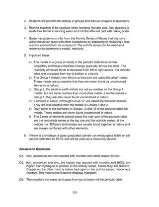 152
2. Students will perform the activity in groups and discuss answers to questions.
3. Remind students to be cautious when handling muriatic acid. Ask students to
wash their hands in running water and rub the affected part with baking soda.
4. Guide the students to infer from the Activity Series of Metals that the more
active metal can react with other substances by displacing or replacing a less
reactive element from its compound. The activity series can be used as a
reference to determine a metals’ reactivity.
5. Important Ideas
a) The metals in a group or family in the periodic table have similar
properties and these properties change gradually across the table. The
reactivity of metals tends to decrease from left to right across the periodic
table and increases from top to bottom in a family.
b) The Group 1 metals, from lithium to francium are called the alkali metals.
These metals are so reactive that they are never found as uncombined
elements in nature.
c) Group 2, the alkaline earth metals are not as reactive as the Group 1
metals, but are more reactive than most other metals. Like the metals in
Group 1, they are also never found uncombined in nature.
d) Elements in Group 3 through Group 12 are called the transition metals.
They are less reactive than the metals in Groups 1 and 2.
e) Only some of the elements in Groups 13 and 15 of the periodic table are
metals. These metals are never found uncombined in nature.
f) The 2 rows of elements placed below the main part of the periodic table
are the lanthanide series at the top row and the actinide series, at the
bottom row. Different lanthanides are usually found together in nature and
are always combined with other elements.
6. If there is a shortage of glass graduated cylinder, an empty glass bottle or vial
can be calibrated to 10 mL and will be used as a measuring device.
Answers to Questions
Q1. Iron, aluminium and zinc reacted with muriatic acid while copper did not.
Q2. Iron, aluminium and zinc, the metals that reacted with muriatic acid (HCl), are
higher than hydrogen in position in the activity series, hence they are reactive.
Copper on the other hand is below hydrogen in the activity series, hence less
reactive. This means that it cannot displace hydrogen.
Q3. The reactivity increases as it goes from top to bottom of the periodic table.
 