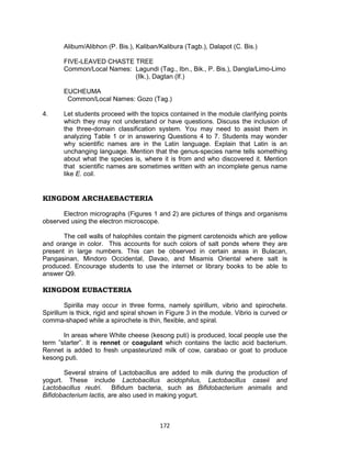 172
Alibum/Alibhon (P. Bis.), Kaliban/Kalibura (Tagb.), Dalapot (C. Bis.)
FIVE-LEAVED CHASTE TREE
Common/Local Names: Lagundi (Tag., Ibn., Bik., P. Bis.), Dangla/Limo-Limo
(Ilk.), Dagtan (If.)
EUCHEUMA
Common/Local Names: Gozo (Tag.)
4. Let students proceed with the topics contained in the module clarifying points
which they may not understand or have questions. Discuss the inclusion of
the three-domain classification system. You may need to assist them in
analyzing Table 1 or in answering Questions 4 to 7. Students may wonder
why scientific names are in the Latin language. Explain that Latin is an
unchanging language. Mention that the genus-species name tells something
about what the species is, where it is from and who discovered it. Mention
that scientific names are sometimes written with an incomplete genus name
like E. coli.
KINGDOM ARCHAEBACTERIA
Electron micrographs (Figures 1 and 2) are pictures of things and organisms
observed using the electron microscope.
The cell walls of halophiles contain the pigment carotenoids which are yellow
and orange in color. This accounts for such colors of salt ponds where they are
present in large numbers. This can be observed in certain areas in Bulacan,
Pangasinan, Mindoro Occidental, Davao, and Misamis Oriental where salt is
produced. Encourage students to use the internet or library books to be able to
answer Q9.
KINGDOM EUBACTERIA
Spirilla may occur in three forms, namely spirillum, vibrio and spirochete.
Spirillum is thick, rigid and spiral shown in Figure 3 in the module. Vibrio is curved or
comma-shaped while a spirochete is thin, flexible, and spiral.
In areas where White cheese (kesong puti) is produced, local people use the
term ”starter”. It is rennet or coagulant which contains the lactic acid bacterium.
Rennet is added to fresh unpasteurized milk of cow, carabao or goat to produce
kesong puti.
Several strains of Lactobacillus are added to milk during the production of
yogurt. These include Lactobacillus acidophilus, Lactobacillus caseii and
Lactobacillus reutri. Bifidum bacteria, such as Bifidobacterium animalis and
Bifidobacterium lactis, are also used in making yogurt.
 