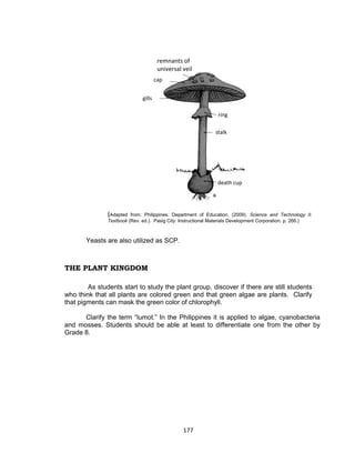 177
(Adapted from: Philippines. Department of Education. (2009). Science and Technology II.
Textbook (Rev. ed.). Pasig City: Instructional Materials Development Corporation. p. 266.)
Yeasts are also utilized as SCP.
THE PLANT KINGDOM
As students start to study the plant group, discover if there are still students
who think that all plants are colored green and that green algae are plants. Clarify
that pigments can mask the green color of chlorophyll.
Clarify the term “lumot.” In the Philippines it is applied to algae, cyanobacteria
and mosses. Students should be able at least to differentiate one from the other by
Grade 8.
remnants of
universal veil
cap
gills
ring
stalk
death cup
 