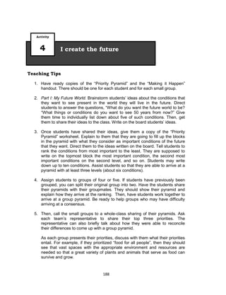 188
Teaching Tips
1. Have ready copies of the “Priority Pyramid” and the “Making it Happen”
handout. There should be one for each student and for each small group.
2. Part I: My Future World. Brainstorm students’ ideas about the conditions that
they want to see present in the world they will live in the future. Direct
students to answer the questions, “What do you want the future world to be?
“What things or conditions do you want to see 50 years from now?” Give
them time to individually list down about five of such conditions. Then, get
them to share their ideas to the class. Write on the board students’ ideas.
3. Once students have shared their ideas, give them a copy of the “Priority
Pyramid” worksheet. Explain to them that they are going to fill up the blocks
in the pyramid with what they consider as important conditions of the future
that they want. Direct them to the ideas written on the board. Tell students to
rank the conditions from most important to the least. They are supposed to
write on the topmost block the most important condition, the second most
important conditions on the second level, and so on. Students may write
down up to ten conditions. Assist students so that they are able to arrive at a
pyramid with at least three levels (about six conditions).
4. Assign students to groups of four or five. If students have previously been
grouped, you can split their original group into two. Have the students share
their pyramids with their groupmates. They should show their pyramid and
explain how they arrive at the ranking. Then, have students work together to
arrive at a group pyramid. Be ready to help groups who may have difficulty
arriving at a consensus.
5. Then, call the small groups to a whole-class sharing of their pyramids. Ask
each team’s representative to share their top three priorities. The
representative can also briefly talk about how they were able to reconcile
their differences to come up with a group pyramid.
As each group presents their priorities, discuss with them what their priorities
entail. For example, if they prioritized “food for all people”, then they should
see that vast spaces with the appropriate environment and resources are
needed so that a great variety of plants and animals that serve as food can
survive and grow.
I create the future
Activity
4
 