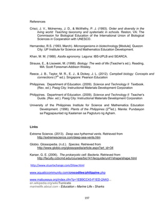 197
References
Crisci, J. V., Mclnerney, J. D., & McWethy, P. J. (1993). Order and diversity in the
living world: Teaching taxonomy and systematic in schools. Reston, VA: The
Commission for Biological Education of the International Union of Biological
Sciences in Cooperation with UNESCO.
Hernandez, R.S. (1993, March). Microorganisms in biotechnology [Module]. Quezon
City: UP Institute for Science and Mathematics Education Development.
Khan, M. M. (1988). Azolla agronomy. Laguna: IBS-UPLB and SEARCA.
Strauss, E., & Lisowski, M. (1998). Biology: The web of life (Teacher’s ed.). Reading,
MA: Scott Foresman-Addison Wesley.
Reece, J. B., Taylor, M. R., E. J., & Dickey, J. L. (2012). Campbell biology: Concepts and
connections (7th
ed.). Singapore: Pearson Education
Philippines. Department of Education. (2009). Science and Technology II Textbook.
(Rev. ed.). Pasig City: Instructional Materials Development Corporation
Philippines. Department of Education. (2009). Science and Technology II Teacher’s
Guide. (Rev. ed.). Pasig City: Instructional Materials Development Corporation
University of the Philippines Institute for Science and Mathematics Education
Development. (1996). Plants of the Philippines (2nd
ed.). Manila: Pundasyon
sa Pagpapaunlad ng Kaalaman sa Pagtuturo ng Agham.
Links
Extreme Science. (2013). Deep sea hythermal vents. Retrieved from
http://extremescience.com/deep-sea-vents.htm
Globio. Glossopedia. (n.d.). Species. Retrieved from
http://www.globio.org/glossopedia/article.aspx?art_id=34
Karser, G. E. (2006). The prokaryotic cell: Bacteria. Retrieved from
http://faculty.ccbcmd.edu/courses/bio141/lecquide/unit1/shape/shape.html
http://www.stuartxchange.com/Dilaw.html
www.aquaticcommunity.com/crocodiles/philippine.php
www.mabuwaya.org/index.cfm?p=1EB9CC43-F1ED-2AA3...
en.wikipedia.org/wiki/Tunicate
marinelife.about.com › Education › Marine Life › Sharks
 