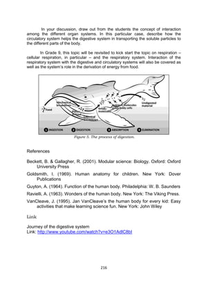 216
In your discussion, draw out from the students the concept of interaction
among the different organ systems. In this particular case, describe how the
circulatory system helps the digestive system in transporting the soluble particles to
the different parts of the body.
In Grade 9, this topic will be revisited to kick start the topic on respiration –
cellular respiration, in particular – and the respiratory system. Interaction of the
respiratory system with the digestive and circulatory systems will also be covered as
well as the system’s role in the derivation of energy from food.
Figure 5. The process of digestion.
References
Beckett, B. & Gallagher, R. (2001). Modular science: Biology. Oxford: Oxford
University Press
Goldsmith, I. (1969). Human anatomy for children. New York: Dover
Publications
Guyton, A. (1964). Function of the human body. Philadelphia: W. B. Saunders
Ravielli, A. (1963). Wonders of the human body. New York: The Viking Press.
VanCleave, J. (1995). Jan VanCleave’s the human body for every kid: Easy
activities that make learning science fun. New York: John Wiley
Link
Journey of the digestive system
Link: http://www.youtube.com/watch?v=e3O1AdlC8bI
 