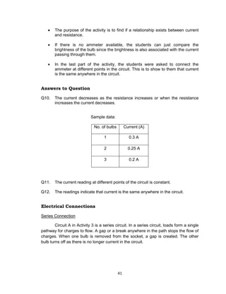41
 The purpose of the activity is to find if a relationship exists between current
and resistance.
 If there is no ammeter available, the students can just compare the
brightness of the bulb since the brightness is also associated with the current
passing through them.
 In the last part of the activity, the students were asked to connect the
ammeter at different points in the circuit. This is to show to them that current
is the same anywhere in the circuit.
Answers to Question
Q10. The current decreases as the resistance increases or when the resistance
increases the current decreases.
Sample data:
Q11. The current reading at different points of the circuit is constant.
Q12. The readings indicate that current is the same anywhere in the circuit.
Electrical Connections
Series Connection
Circuit A in Activity 3 is a series circuit. In a series circuit, loads form a single
pathway for charges to flow. A gap or a break anywhere in the path stops the flow of
charges. When one bulb is removed from the socket, a gap is created. The other
bulb turns off as there is no longer current in the circuit.
No. of bulbs Current (A)
1 0.3 A
2 0.25 A
3 0.2 A
 