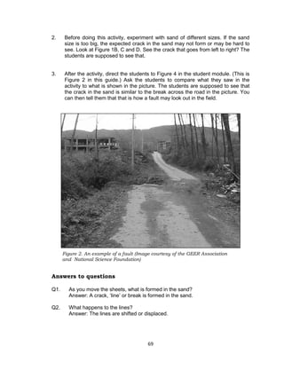69
2. Before doing this activity, experiment with sand of different sizes. If the sand
size is too big, the expected crack in the sand may not form or may be hard to
see. Look at Figure 1B, C and D. See the crack that goes from left to right? The
students are supposed to see that.
3. After the activity, direct the students to Figure 4 in the student module. (This is
Figure 2 in this guide.) Ask the students to compare what they saw in the
activity to what is shown in the picture. The students are supposed to see that
the crack in the sand is similar to the break across the road in the picture. You
can then tell them that that is how a fault may look out in the field.
Answers to questions
Q1. As you move the sheets, what is formed in the sand?
Answer: A crack, ‘line’ or break is formed in the sand.
Q2. What happens to the lines?
Answer: The lines are shifted or displaced.
Figure 2. An example of a fault (Image courtesy of the GEER Association
and National Science Foundation)
 