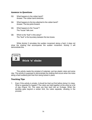 74
Answers to Questions
Q3. What happens to the rubber band?
Answer: The rubber band stretches.
Q4. What happens to the box attached to the rubber band?
Answer: The box jerks forward.
Q5. What happens to the “house”?
The “house” falls over.
Q6. Which is the “fault” in this setup?
The “fault” is the boundary between the two boxes.
While Activity 2 simulates the sudden movement along a fault, it does not
show the shaking that accompanies the sudden movement. Activity 3 will
demonstrate this.
This activity needs the simplest of materials: just two plastic rulers and some
clay. The activity is supposed to demonstrate the shaking that occurs when the rocks
along a fault suddenly jerk free from being locked in place.
Teaching Tips
1. Even if this activity is simple, it should be tried out first before doing it in class.
What is expected to happen? The rulers are held together at the ends by a bit
of clay (Figure 10). The rulers are then bent into an S-shape. When the
bending goes beyond a certain limit, the rulers separate, vibrating in the
process.
Stick ‘n’ shake
Activity
3
 
