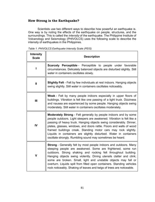 81
How Strong is the Earthquake?
Scientists use two different ways to describe how powerful an earthquake is.
One way is by noting the effects of the earthquake on people, structures, and the
surroundings. This is called the intensity of the earthquake. The Philippine Institute of
Volcanology and Seismology (PHIVOLCS) uses the following scale to describe the
intensity of earthquakes in the Philippines.
Table 1. PHIVOLCS Earthquake Intensity Scale (PEIS)
Intensity
Scale Description
I
Scarcely Perceptible - Perceptible to people under favorable
circumstances. Delicately balanced objects are disturbed slightly. Still
water in containers oscillates slowly.
II Slightly Felt - Felt by few individuals at rest indoors. Hanging objects
swing slightly. Still water in containers oscillates noticeably.
III
Weak - Felt by many people indoors especially in upper floors of
buildings. Vibration is felt like one passing of a light truck. Dizziness
and nausea are experienced by some people. Hanging objects swing
moderately. Still water in containers oscillates moderately.
IV
Moderately Strong - Felt generally by people indoors and by some
people outdoors. Light sleepers are awakened. Vibration is felt like a
passing of heavy truck. Hanging objects swing considerably. Dinner,
plates, glasses, windows, and doors rattle. Floors and walls of wood
framed buildings creak. Standing motor cars may rock slightly.
Liquids in containers are slightly disturbed. Water in containers
oscillate strongly. Rumbling sound may sometimes be heard.
V
Strong - Generally felt by most people indoors and outdoors. Many
sleeping people are awakened. Some are frightened, some run
outdoors. Strong shaking and rocking felt throughout building.
Hanging objects swing violently. Dining utensils clatter and clink;
some are broken. Small, light and unstable objects may fall or
overturn. Liquids spill from filled open containers. Standing vehicles
rock noticeably. Shaking of leaves and twigs of trees are noticeable.
 
