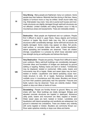 82
VI
Very Strong - Many people are frightened; many run outdoors. Some
people lose their balance. Motorists feel like driving in flat tires. Heavy
objects or furniture move or may be shifted. Small church bells may
ring. Wall plaster may crack. Very old or poorly built houses and man-
made structures are slightly damaged though well-built structures are
not affected. Limited rockfalls and rolling boulders occur in hilly to
mountainous areas and escarpments. Trees are noticeably shaken.
VII
Destructive - Most people are frightened and run outdoors. People
find it difficult to stand in upper floors. Heavy objects and furniture
overturn or topple. Big church bells may ring. Old or poorly-built
structures suffer considerably damage. Some well-built structures are
slightly damaged. Some cracks may appear on dikes, fish ponds,
road surface, or concrete hollow block walls. Limited liquefaction,
lateral spreading and landslides are observed. Trees are shaken
strongly. (Liquefaction is a process by which loose saturated sand
lose strength during an earthquake and behave like liquid).
VIII
Very Destructive - People are panicky. People find it difficult to stand
even outdoors. Many well-built buildings are considerably damaged.
Concrete dikes and foundation of bridges are destroyed by ground
settling or toppling. Railway tracks are bent or broken. Tombstones
may be displaced, twisted or overturned. Utility posts, towers and
monuments may tilt or topple. Water and sewer pipes may be bent,
twisted or broken. Liquefaction and lateral spreading cause man-
made structure to sink, tilt or topple. Numerous landslides and
rockfalls occur in mountainous and hilly areas. Boulders are thrown
out from their positions particularly near the epicenter. Fissures and
faults rupture may be observed. Trees are violently shaken. Water
splash or slop over dikes or banks of rivers.
IX
Devastating - People are forcibly thrown to ground. Many cry and
shake with fear. Most buildings are totally damaged. Bridges and
elevated concrete structures are toppled or destroyed. Numerous
utility posts, towers and monument are tilted, toppled or broken.
Water sewer pipes are bent, twisted or broken. Landslides and
liquefaction with lateral spreadings and sandboils are widespread. the
ground is distorted into undulations. Trees are shaken very violently
with some toppled or broken. Boulders are commonly thrown out.
River water splashes violently or slops over dikes and banks.
 