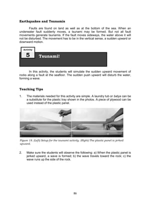 86
Figure 18. (Left) Setup for the tsunami activity. (Right) The plastic panel is jerked
upward.
Earthquakes and Tsunamis
Faults are found on land as well as at the bottom of the sea. When an
underwater fault suddenly moves, a tsunami may be formed. But not all fault
movements generate tsunamis. If the fault moves sideways, the water above it will
not be disturbed. The movement has to be in the vertical sense, a sudden upward or
downward motion.
In this activity, the students will simulate the sudden upward movement of
rocks along a fault at the seafloor. The sudden push upward will disturb the water,
forming a wave.
Teaching Tips
1. The materials needed for this activity are simple. A laundry tub or batya can be
a substitute for the plastic tray shown in the photos. A piece of plywood can be
used instead of the plastic panel.
2. Make sure the students will observe the following: a) When the plastic panel is
jerked upward, a wave is formed; b) the wave travels toward the rock; c) the
wave runs up the side of the rock.
Tsunami!
Activity
5
 