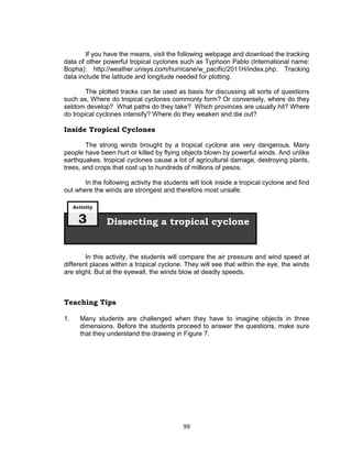 99
If you have the means, visit the following webpage and download the tracking
data of other powerful tropical cyclones such as Typhoon Pablo (International name:
Bopha): http://weather.unisys.com/hurricane/w_pacific/2011H/index.php. Tracking
data include the latitude and longitude needed for plotting.
The plotted tracks can be used as basis for discussing all sorts of questions
such as, Where do tropical cyclones commonly form? Or conversely, where do they
seldom develop? What paths do they take? Which provinces are usually hit? Where
do tropical cyclones intensify? Where do they weaken and die out?
Inside Tropical Cyclones
The strong winds brought by a tropical cyclone are very dangerous. Many
people have been hurt or killed by flying objects blown by powerful winds. And unlike
earthquakes, tropical cyclones cause a lot of agricultural damage, destroying plants,
trees, and crops that cost up to hundreds of millions of pesos.
In the following activity the students will look inside a tropical cyclone and find
out where the winds are strongest and therefore most unsafe.
In this activity, the students will compare the air pressure and wind speed at
different places within a tropical cyclone. They will see that within the eye, the winds
are slight. But at the eyewall, the winds blow at deadly speeds.
Teaching Tips
1. Many students are challenged when they have to imagine objects in three
dimensions. Before the students proceed to answer the questions, make sure
that they understand the drawing in Figure 7.
Dissecting a tropical cyclone
Activity
3
 