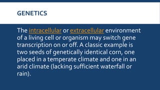 GENETICS
The intracellular or extracellular environment
of a living cell or organism may switch gene
transcription on or off. A classic example is
two seeds of genetically identical corn, one
placed in a temperate climate and one in an
arid climate (lacking sufficient waterfall or
rain).
 