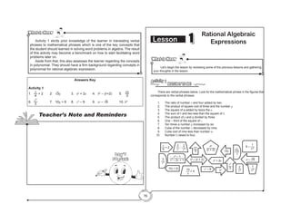 76
What to Know
What to Know
Activity 1 elicits prior knowledge of the learner in translating verbal
phrases to mathematical phrases which is one of the key concepts that
the student should learned in solving word problems in algebra. The result
of this activity may become a benchmark on how to start facilitating word
problems later on.
Aside from that, this also assesses the learner regarding the concepts
in polynomial. They should have a firm background regarding concepts in
polynomial for rational algebraic expression.
Answers Key
Activity 1
1.	
x
4
+ 2	 	 2.	 √3y		 3. 	 a2
+ 2a		 4. 	 b2
– (b+2)		 5.	
pq
3
6. 	
c2
3
			7. 	
10y + 6	 8. 	 z3
– 9		 9. 	 w – √9			10. h4
1
1 Rational Algebraic
Expressions
What to Know
What to Know
	 Let’s begin the lesson by reviewing some of the previous lessons and gathering
your thoughts in the lesson.
MATCH IT TO ME
Activity 1
	 There are verbal phrases below. Look for the mathematical phrase in the figures that
corresponds to the verbal phrases.
1.	 The ratio of number x and four added by two.
2.	 The product of square root of three and the number y.
3.	 The square of a added by twice the a.
4.	 The sum of b and two less than the square of b.
5.	 The product of p and q divided by three
6.	 One – third of the square of c.
7.	 Ten times a number y increased by six
8.	 Cube of the number z decreased by nine.
9.	 Cube root of nine less than number w.
10.	Number h raised to four.	
Lesson
x
4
pq
3
2
x
–
2
x2
3
c2
x2
– 1
x2
– 2x + 1
10x + 6
b2
– (b + 2) a2
+ 2a
+ 4
10
y
b2
(b + 2) √3y √3y
y
+ 2
1
w2
9 –
w – ∛9
1
n3
2
z3
c2
3
z3
– 9 h4
Teacher’s Note and Reminders
Don’t
Forget!
 