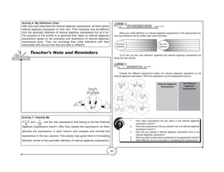 80
MY DEFINITION CHART
Activity 6
	 Write your initial definition on rational algebraic expressions in the appropriate box.
Your final definition will be written after some activities.
	 Try to firm up your own definition regarding the rational algebraic expressions by
doing the next activity.
CLASSIFY ME
Activity 7
	 Classify the different expressions below into rational algebraic expression or not
rational algebraic expression. Write the expression into the appropriate column.
m + 2
√2	
c4
√5	
k
3k2 – 6k
y + 2
y – 2
a
y2
– x9
c
a – 2
1 – m
m3
1
a6
8
Rational Algebraic
Expressions
Not Rational
Algebraic
Expressions
_____________________________________
_____________________________________
______________________________________
_____________________________________
My Initial
Definition
_________________________________
_____________________________________
_____________________________________
______________________________________
_____________________________________
My Final
Definition
Q
U
ESTIO
N
S
?
1.	 How many expressions did you place in the rational algebraic
expression column?
2.	 How many expressions did you placed in the not rational algebraic
expression column?
3.	 How did you classify a rational algebraic expression from a not
rational algebraic expression?
4.	 Were you able to place each expression to its appropriate column?
5.	 What difficulty did you encounter in classifying the expressions?
Activity 6: My Definition Chart
After they have described the rational algebraic expressions, let them define
rational algebraic expression on their own. Their response may be different
from the axiomatic definition of rational algebraic expressions but let it be.
The purpose of this activity is to generate their ideas on rational algebraic
expressions based on the examples and illustrations of rational algebraic
expressions given. They can exchange their initial definitions with their
classmates and discuss how they are alike or different.
Activity 7: Classify Me
m + 2
√2
and c4
√5
are the only expressions that belong to the Not Rational
Algebraic Expressions column. After they classify the expressions, let them
describe the expressions in each column and compare and contrast the
expressions in the two columns. This activity may guide them in formulating
definition similar to the axiomatic definition of rational algebraic expressions.
3
Teacher’s Note and Reminders
Don’t
Forget!
 