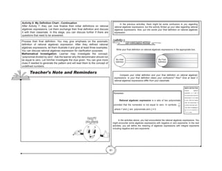 81
Activity 8: My Definition Chart - Continuation
After Activity 7, they can now finalize their initial definitions on rational
algebraic expressions. Let them exchange their final definition and discuss
it with their classmate. In this stage, you can discuss further if there are
questions that need to be answered.
Process their final definition. You may give emphasis on the axiomatic
definition of rational algebraic expression. After they defined rational
algebraic expressions, let them illustrate it and give at least three examples.
You can discuss rational algebraic expression for clarification purposes.
Mathematical Investigation: Learner may investigate the concept,
“polynomial divided by zero”. Ask the learner why the denominator should not
be equal to zero. Let him/her investigate the clue given. You can give more
clues if needed to generate the pattern and will lead them to the concept of
undefined numbers.
	 In the previous activities, there might be some confusions to you regarding
rational algebraic expressions, but this activity firmed up your idea regarding rational
algebraic expressions. Now, put into words your final definition on rational algebraic
expression.
MY DEFINITION CHART
Activity 8
Write your final definition on rational algebraic expressions in the appropriate box.
______________________________________
______________________________________
______________________________________
_____
My Initial
Definition
______________________________________
______________________________________
______________________________________
_____
My Final
Definition
	 Compare your initial definition and your final definition on rational algebraic
expressions. Is your final definition clears your confusions? How? Give at least 3
rational algebraic expressions differ from your classmate.
Remember:
	 Rational algebraic expression is a ratio of two polynomials
provided that the numerator is not equal to zero. In symbols: P
Q
,where P and Q are polynomials and Q ≠ 0.
	 In the activities above, you had encountered the rational algebraic expressions. You
might encounter some algebraic expressions with negative or zero exponents. In the next
activities, you will define the meaning of algebraic expressions with integral exponents
including negative and zero exponents .
MATH DETECTIVE
Rational algebraic
expression is a ratio of
two polynomials where the
denominator is not equal
to zero. What will happen
when the denominator of
a fraction becomes zero?
Clue: Start investigating in
4
2
= 2 ≫≫ 4 = (2)(2) 4
1
= 4
≫≫ 4 = (1)(4)
Teacher’s Note and Reminders
Don’t
Forget!
 