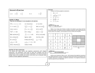 86
Exercises	
	 Evaluate the following algebraic expressions
	 1.	40y-1
, y = 5
	2.	 1
m-2
(m + 4)
, m = -8
	 3.	(p2
– 3)-2
, p = 1
	4.	
(x – 1)-2
(x + 1)-2
, x = 2
	5.	
y-3
– y-2
, y =2
BIN - GO
Activity 14
	 Make a 3 by 3 bingo card. Choose a number to be placed in your bingo card from
the numbers below. Your teacher will give an algebraic expression with integral exponents
and the value of its variable. The first student can form a frame wins the game.
		
1
17
4 2 -
31
8
1
15
1
2
9
3
4
37
4 25
1
11
1
3
3
2
32 2
1
5 5 0 23
4
4
3
1
4 9 0 126
5
6
QUIZ CONSTRUCTOR
Activity 15
	 Be like a quiz constructor. Write in a one – half crosswise three algebraic expressions
with integral exponents in at least 2 variables and decide what values to be assigned in the
variables. Show how to evaluate your algebraic expressions. Your algebraic expressions
must be unique from your classmates.
The frame card must be like
this:
Activity 15: Quiz constructor
The learner will make his/her own algebraic expressions with integral
exponents. The expression must have at least two variables and the
expressions must be unique from his/her classmates. The learner will also
assign value to the variables and he/she must show how to evaluate these
values to his/her algebraic expressions.
14
 