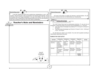 93
What to Transfer
What to Transfer
	 Your goal in this section is to apply your learning in real life situations. You will
be given a practical task which will demonstrate your understanding.
RUBRICS FOR YOUR OUTPUT
CRITERIA
Outstanding
4
Satisfactory
3
Developing
2
Beginning
1
RATING
Mathematical
reasoning
Explanation
shows
thorough
reasoning
and insightful
justifications.
Explanation
shows
substantial
reasoning.
Explanation
shows gaps in
reasoning.
Explanation
shows illogical
reasoning.
Accuracy All
computations
are correct
and shown in
detail.
All
computations
are corrects.
Most of the
computations
are correct.
Some the
computations
are correct.
OVERALL
RATING
What to Transfer
What to Transfer
	 In this part, students will show how to transfer their understanding in a real – life
situation. They will be given a task as presented in the learning guide materials. They
will present their work though presentation is not part of the criteria. This may be a
practice for them in presenting an output because before they finish this learning guide,
they have to present an output and one of the criteria is presentation.
Teacher’s Note and Reminders
Don’t
Forget!
HOURS AND PRINTS
Activity 20
	 The JOB Printing Press has two photocopying machines. P1 can print box of
bookpaper in three hours while P2 can print a box of bookpaper in 3x + 20 hours.
a.	 How many boxes of bookpaper are printed by P1 in 10 hours? In 25 hours? in
65 hours?
b.	 How many boxes of bookpaper can P2 print in 10 hours? in 120x + 160 hours?
in 30x2
+ 40x hours?
	 You will show your output to your teacher. Your work will be graded according to
mathematical reasoning and accuracy.
 