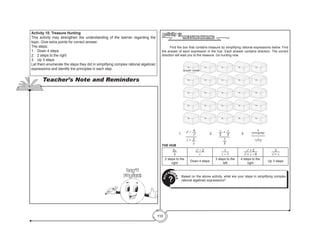 110
TREASURE HUNTING
Activity 15
	 Find the box that contains treasure by simplifying rational expressions below. Find
the answer of each expression in the hub. Each answer contains direction. The correct
direction will lead you to the treasure. Go hunting now.
		 1.	
x2
− 4
x2
x + 2
y
		 2.	
x
2
+ x
3
1
2
		 3.	
3
x2
+ 3x +2
x
x + 2
THE HUB
5x
3
x2
− 2
x
1
x − 1
x2
+ 2
x2
+ x − 6
3
x2
+ x
2 steps to the
right
Down 4 steps
3 steps to the
left
4 steps to the
right
Up 3 steps
Based on the above activity, what are your steps in simplifying complex
rational algebraic expressions?
Q
U
ESTIO
N
S
?
START HERE
Activity 15: Treasure Hunting
This activity may strengthen the understanding of the learner regarding the
topic. Give extra points for correct answer.
The steps:
1.	 Down 4 steps
2.	 2 steps to the right
3.	 Up 3 steps
Let them enumerate the steps they did in simplifying complex rational algebraic
expressions and identify the principles in each step.
Teacher’s Note and Reminders
Don’t
Forget!
 