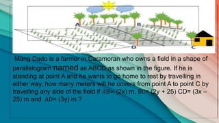 Mang Dado is a farmer in Caramoran who owns a field in a shape of
parallelogram named as ABCD as shown in the figure. If he is
standing at point A and he wants to go home to rest by travelling in
either way, how many meters will he covers from point A to point C by
travelling any side of the field if 𝐴B= (2x) m, BC= (2y + 25) CD= (3x –
25) m and AD= (3y) m ?
 