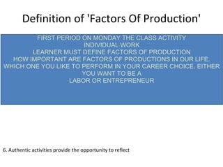 Definition of 'Factors Of Production'
FIRST PERIOD ON MONDAY THE CLASS ACTIVITY
INDIVIDUAL WORK
LEARNER MUST DEFINE FACTORS OF PRODUCTION
HOW IMPORTANT ARE FACTORS OF PRODUCTIONS IN OUR LIFE.
WHICH ONE YOU LIKE TO PERFORM IN YOUR CAREER CHOICE. EITHER
YOU WANT TO BE A
LABOR OR ENTREPRENEUR
6. Authentic activities provide the opportunity to reflect
 