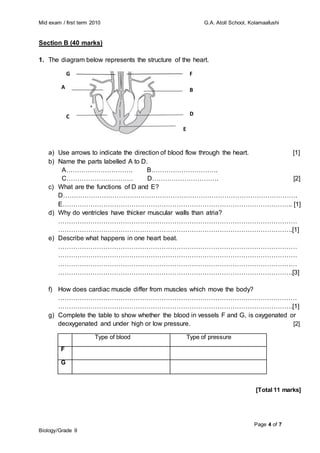 Mid exam / first term 2010 G.A. Atoll School, Kolamaafushi
Page 4 of 7
Biology/Grade 9
Section B (40 marks)
1. The diagram below represents the structure of the heart.
a) Use arrows to indicate the direction of blood flow through the heart. [1]
b) Name the parts labelled A to D.
A…………………………. B………………………….
C…………………………. D…………………………. [2]
c) What are the functions of D and E?
D……………………………………………………………………………………………….
E…………………………………………………………………………………………….. [1]
d) Why do ventricles have thicker muscular walls than atria?
…………………………………………………………………………………………………
……………………………………………………………………………………………….[1]
e) Describe what happens in one heart beat.
…………………………………………………………………………………………………
…………………………………………………………………………………………………
…………………………………………………………………………………………………
……………………………………………………………………………………………….[3]
f) How does cardiac muscle differ from muscles which move the body?
…………………………………………………………………………………………………
……………………………………………………………………………………………….[1]
g) Complete the table to show whether the blood in vessels F and G, is oxygenated or
deoxygenated and under high or low pressure. [2]
Type of blood Type of pressure
F
G
[Total 11 marks]
A
A A A
A
A A
A
A A
A
A B
B
B
C
A A A
A
A A
A
A A
A
D
B
A A A
A
A A
A
A A
A
A A A
A
A A
A
A A
A
B
A A A
A
A A
A
A A
A
E
A A A
A
A A
A
A A
A
F
A A A
A
A A
A
A A
A
G
A A A
A
A A
A
A A
A
 
