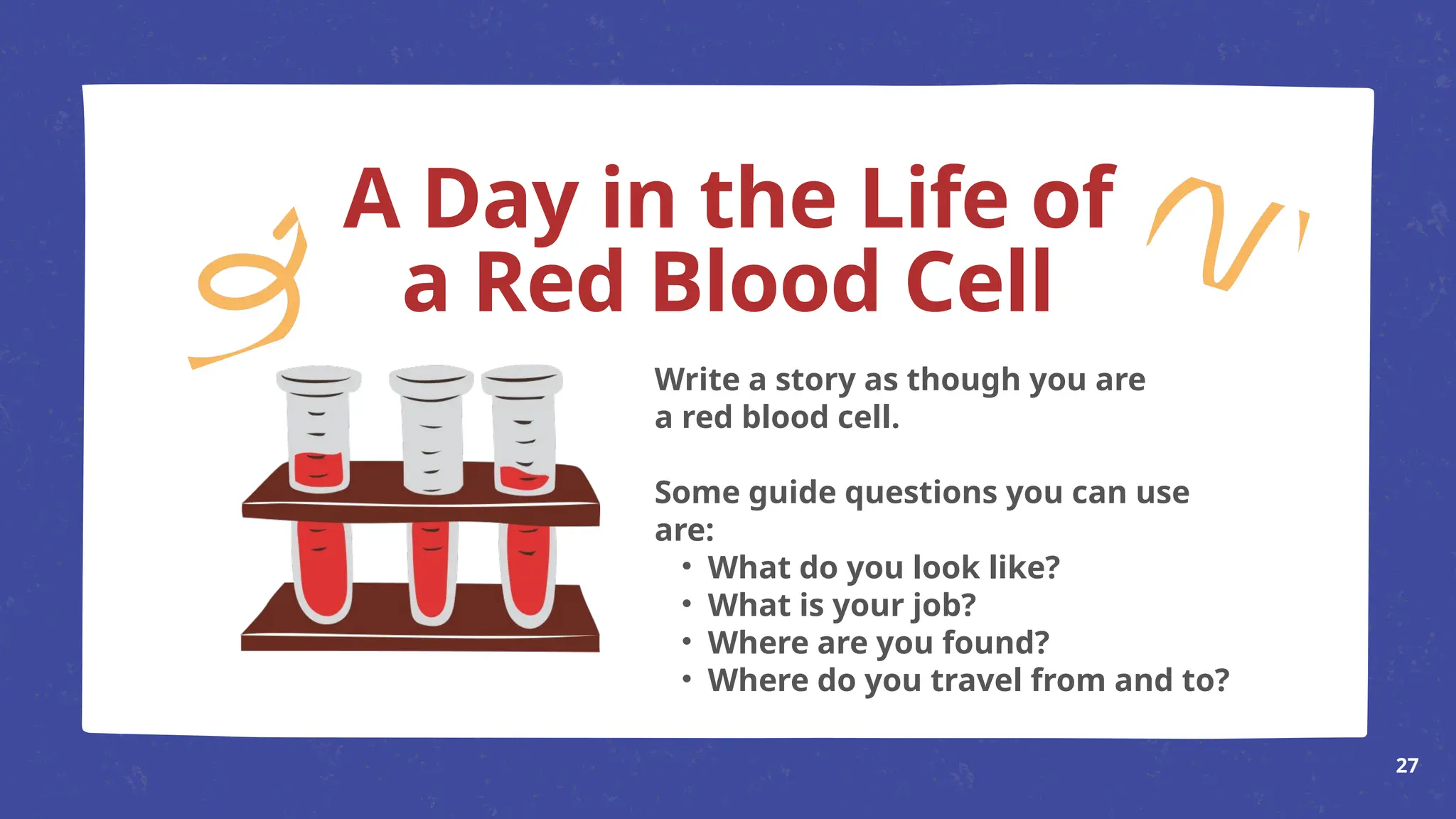 Write a story as though you are
a red blood cell.
Some guide questions you can use
are:
• What do you look like?
• What is your job?
• Where are you found?
• Where do you travel from and to?
A Day in the Life of
a Red Blood Cell
27
 