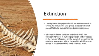 Extinction
• The impact of overpopulation on the world’s wildlife is
severe. As demand for land grows, the destruction of
natural habitats, such as forests, becomes common.
• Data has also been collected to show a direct link
between increases in human population and decreases
in the number of species on the planet. If present trends
continue, as many as 50% of the world’s wildlife species
will be at risk of extinction, some scientists warn.
 