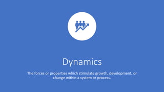 Dynamics
The forces or properties which stimulate growth, development, or
change within a system or process.
 